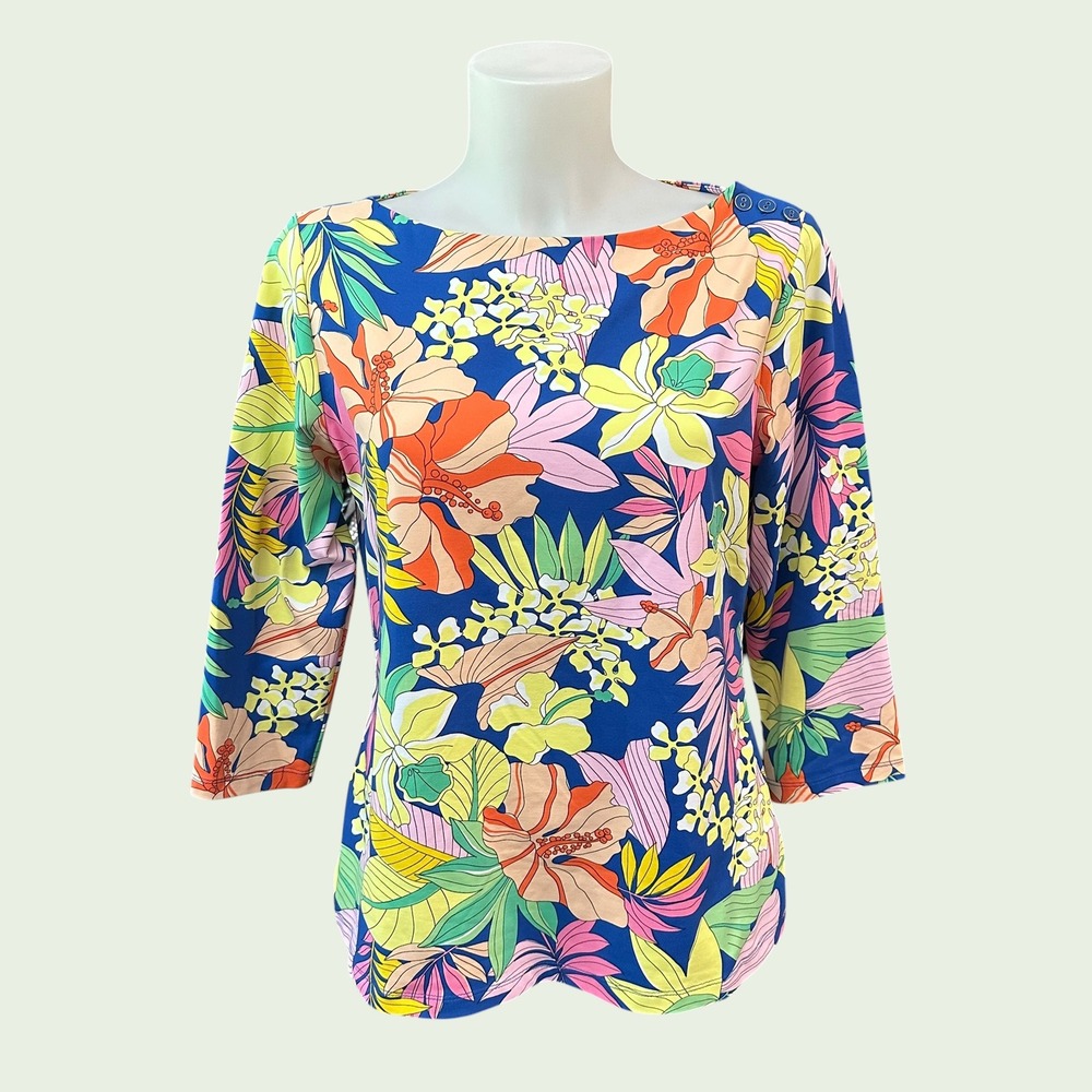 J. McLaughlin Wavesong Boatneck Floral Vibrant Tropical Top sz Large - New